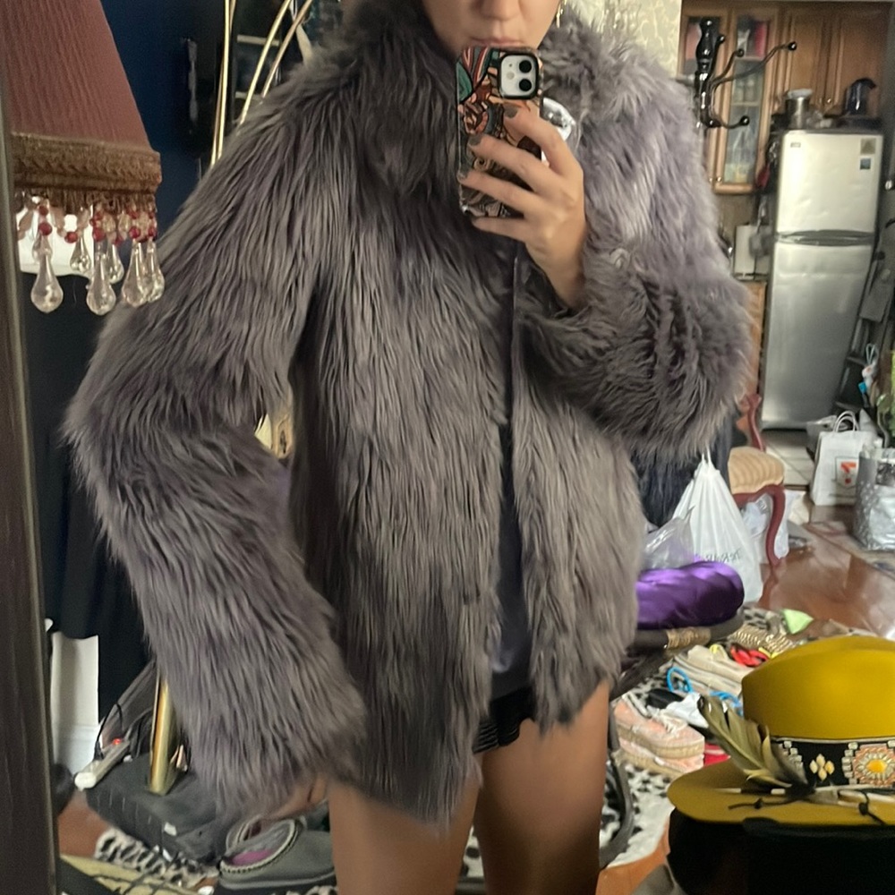 Grey/Purple Faux fur Coat - Size 8 - Asos